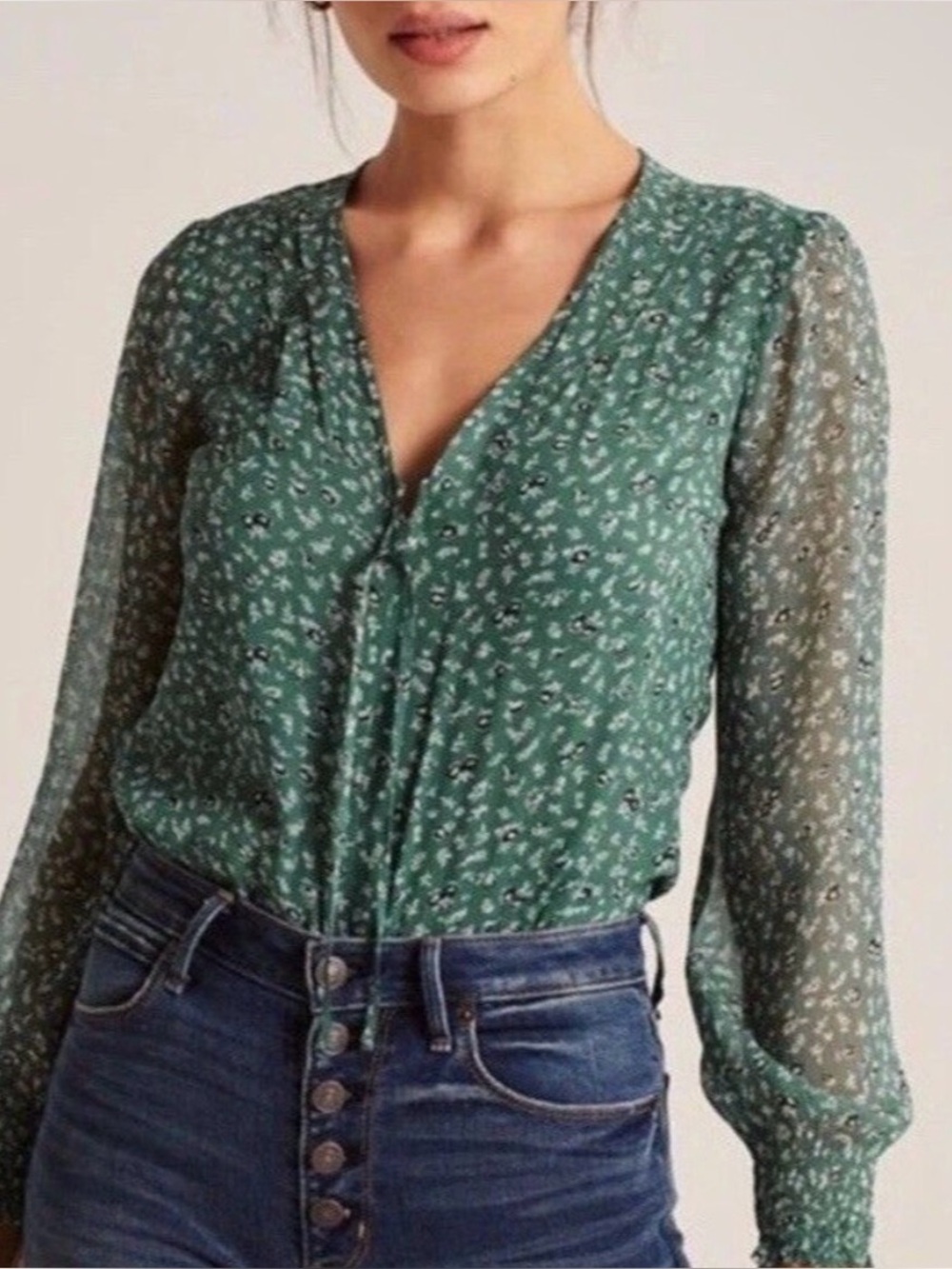 Abercrombie & Fitch Blue Leopard Print Long-Sleeve Tie-Front Bodysuit